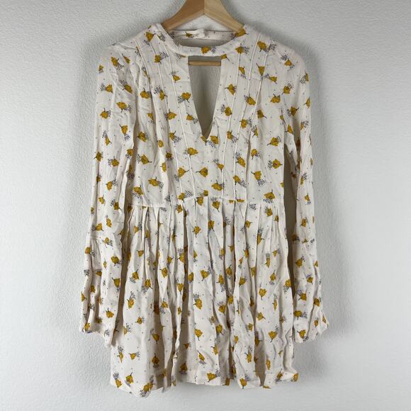 Free People Tegan Dress Womens 0 Ivory Floral Print Mini 3/4 Sleeve Boho Fairy - Picture 1 of 13